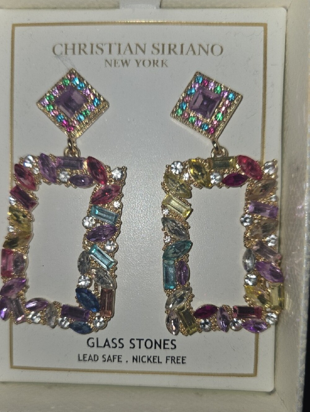 Christian Siriano Gold Multicolor Glass Stone Rectangle Drop Earrings - Picture 3 of 6